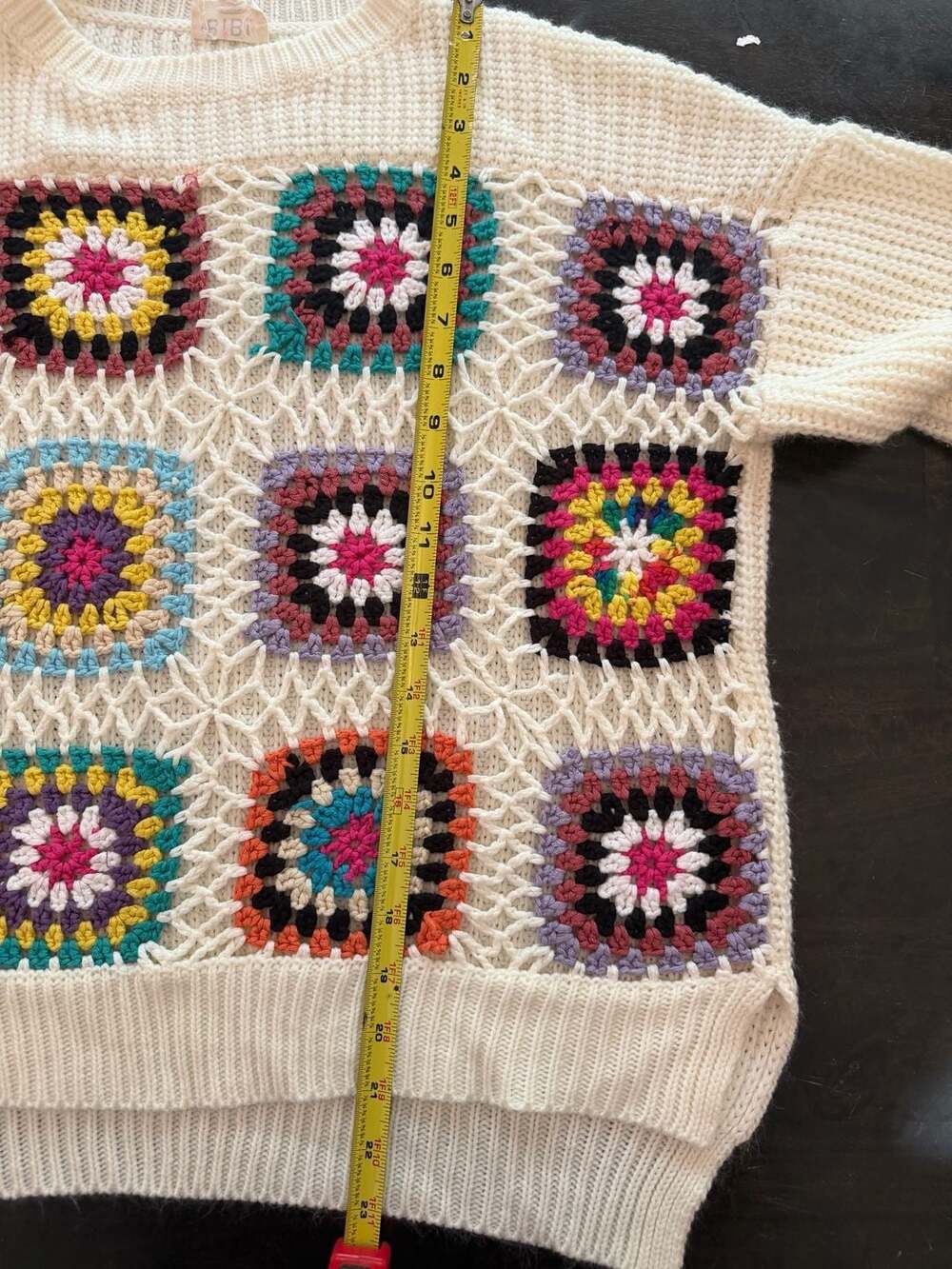 BiBi Granny Square Crochet Pullover Cream Sweater Size L - Picture 4 of 5